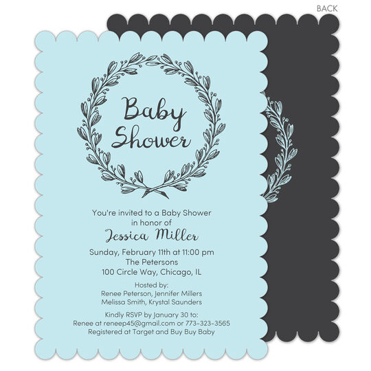 Blue and Grey Baby Shower Wreath Invitations